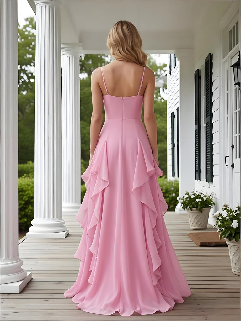 Pink V-neck  Spaghetti Straps Ruffles Chiffon Sleeveless A-Line Long Prom Party Dress,PDS11827