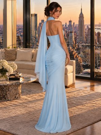 Classy Baby Blue Strapless Corset Draped Chiffon Mermaid Formal Dress,PDS118811