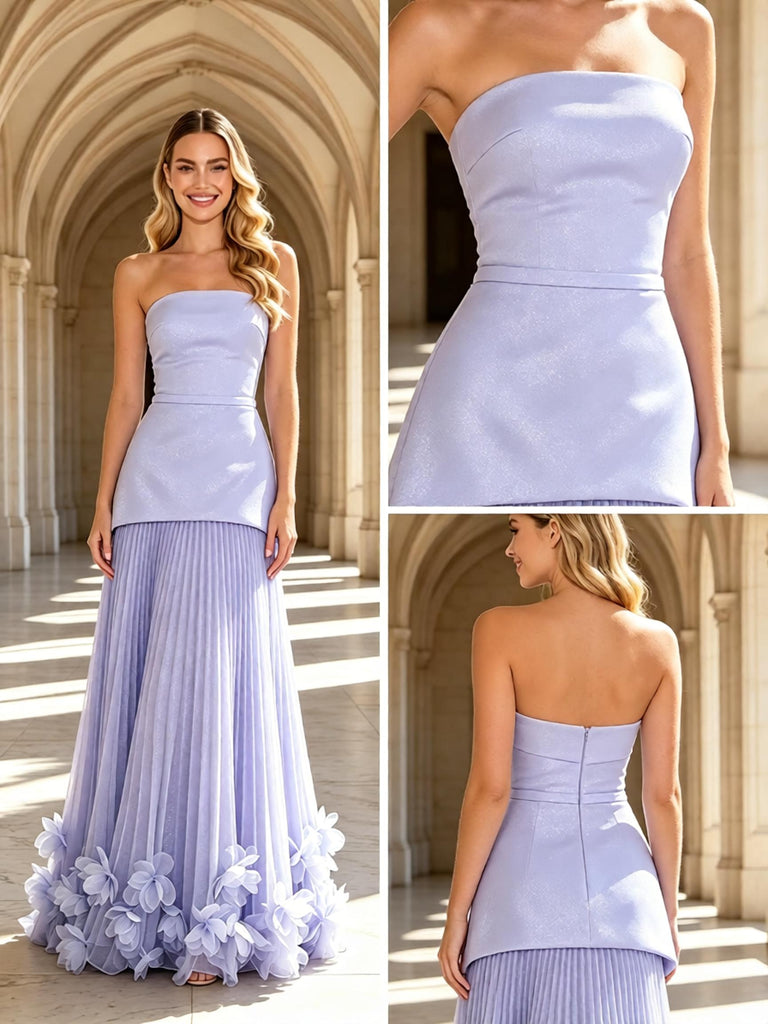 Romantic Lavender Strapless 3D Floral Pleated Maxi Formal Dress,PDS118540