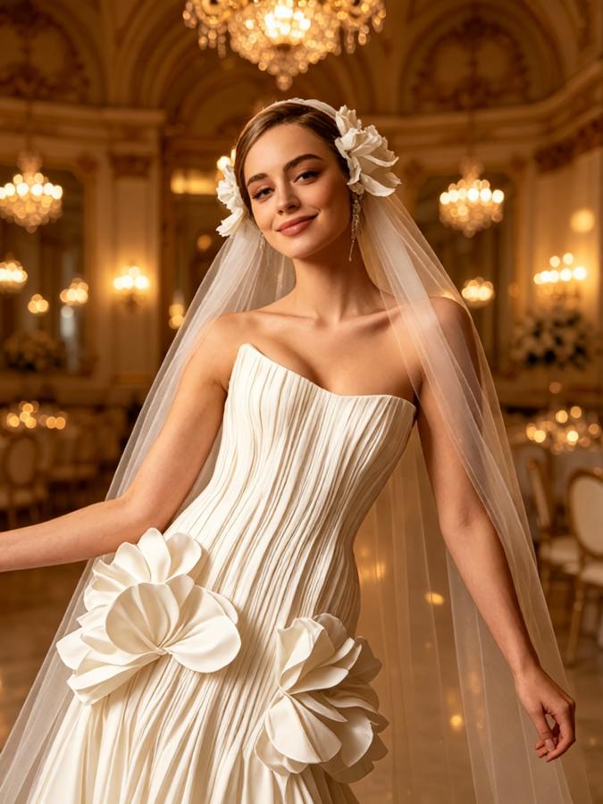 Vintage Pleats Dimensional Flowers Sleeveless Satin A-Line Floor Length Wedding Dresses, WD0381
