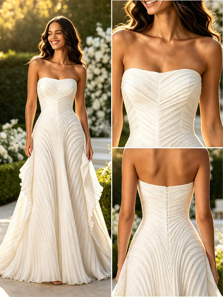 Elegant Pleats Strapless Sleeveless Chiffon Ruffles A-Line Floor Length Wedding Dresses, WD0363