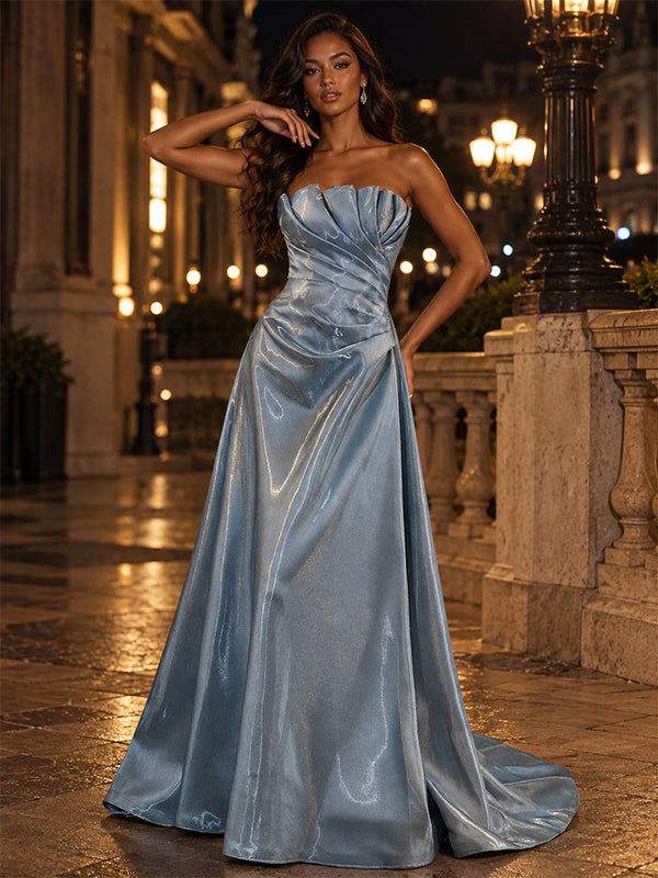 Luxury Dusty Blue Organza Strapless Ruched A Line Long Evening Gown,PDS118781