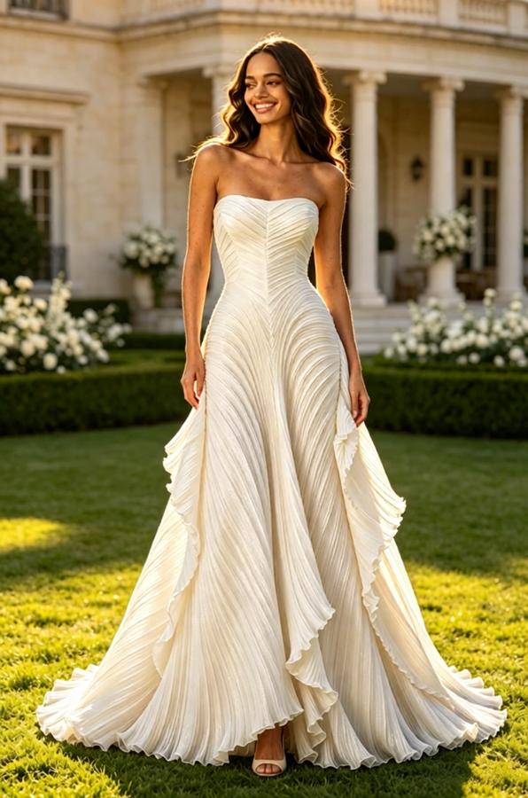 Elegant Pleats Strapless Sleeveless Chiffon Ruffles A-Line Floor Length Wedding Dresses, WD0363