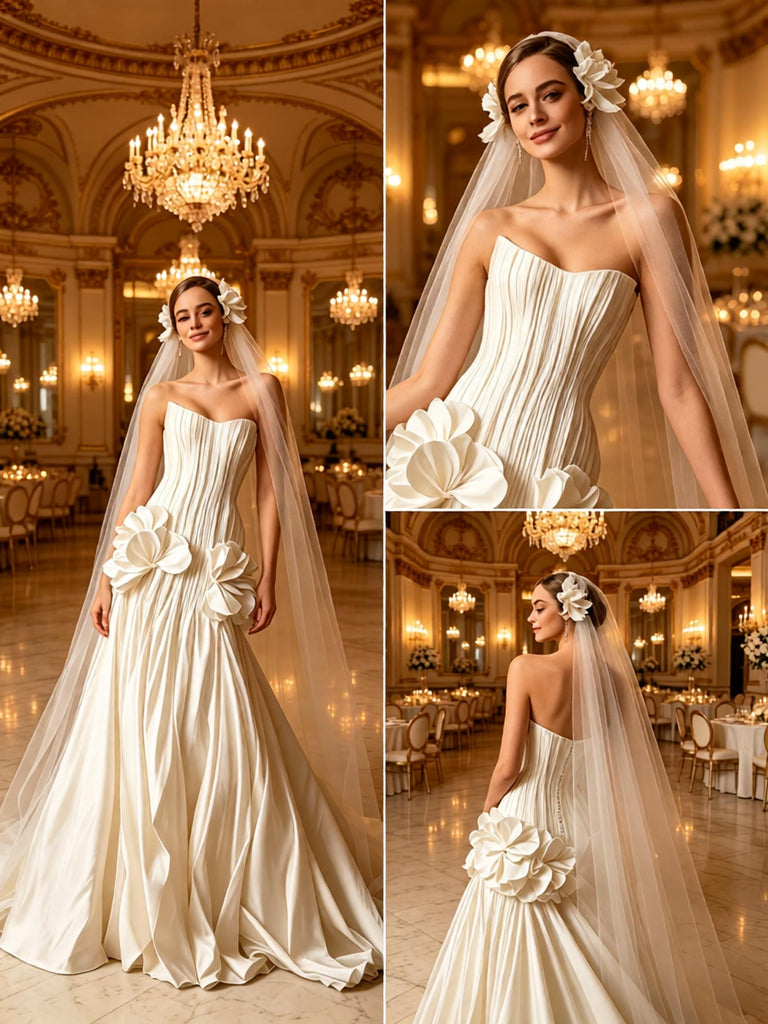 Vintage Pleats Dimensional Flowers Sleeveless Satin A-Line Floor Length Wedding Dresses, WD0381