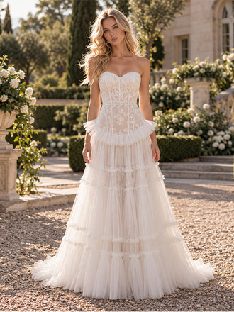 Dreamy Strapless Lace Corset Ruffled Tiered Tulle A Line Wedding Dress, WD0399