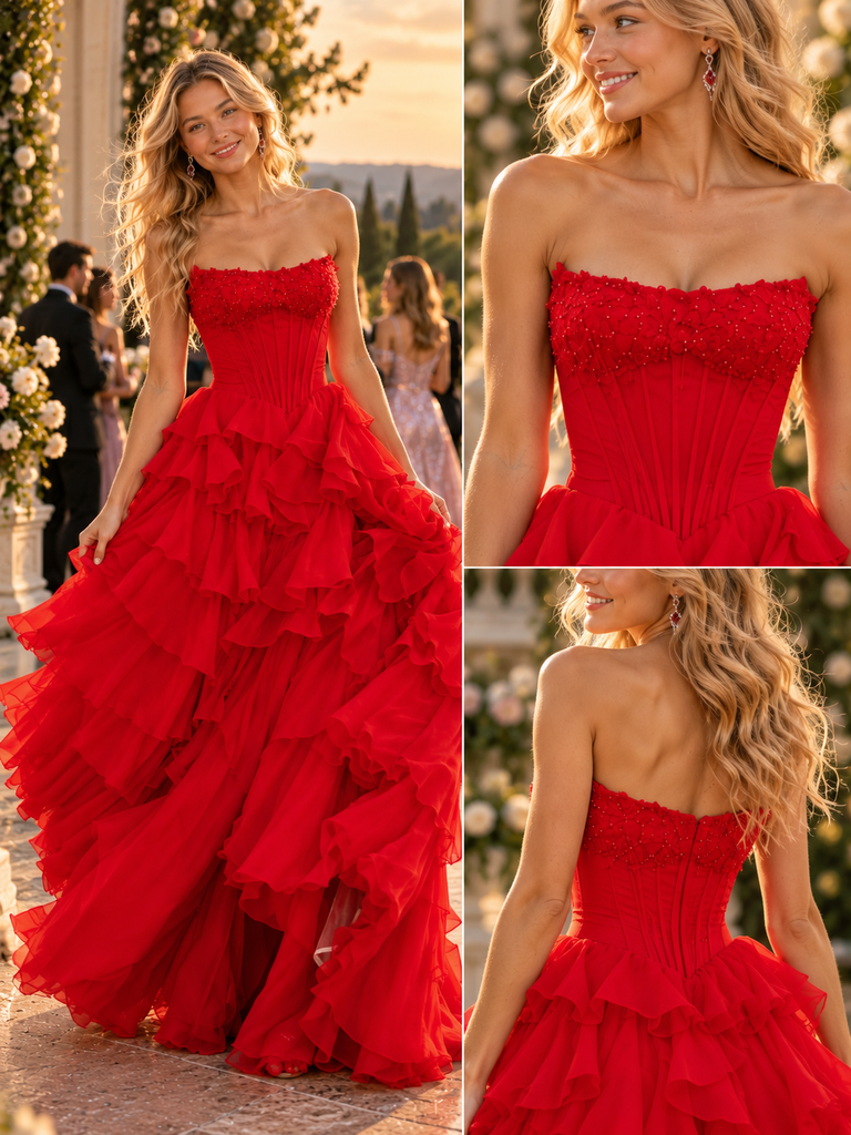 Glam Strapless Beaded Chiffon Tiered Ruffle Ball Gown,PDS118640