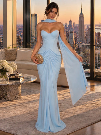 Classy Baby Blue Strapless Corset Draped Chiffon Mermaid Formal Dress,PDS118811