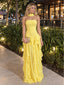 Bright Yellow Halter Strapless Chiffon Ruffled Tiered A-Line Long Prom Dress,PDS118577
