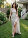 Sparkly Silver Sequin One Shoulder 3D Flower Slit Mermaid Long Party Dress,PDS118770