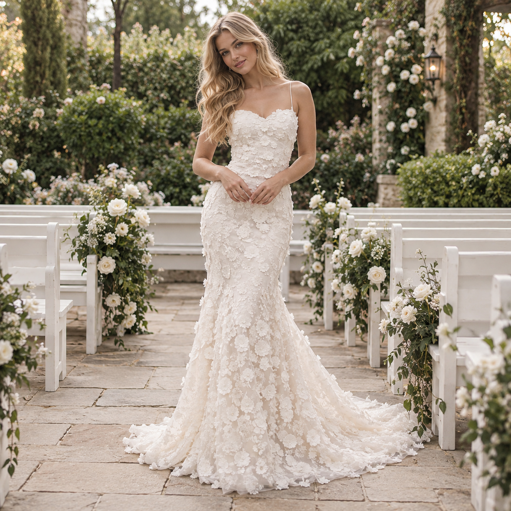 Exquisite Spaghetti Strap 3D Floral Appliques Lace Mermaid Wedding Dress,WD0436