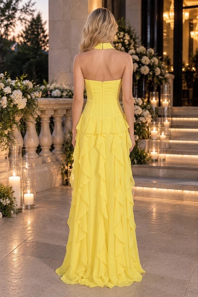 Bright Yellow Halter Strapless Chiffon Ruffled Tiered A-Line Long Prom Dress,PDS118577