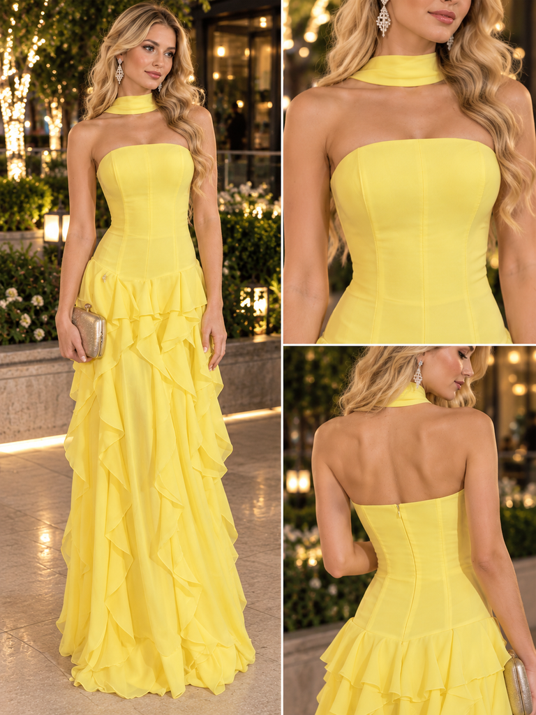 Bright Yellow Halter Strapless Chiffon Ruffled Tiered A-Line Long Prom Dress,PDS118577
