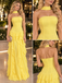 Bright Yellow Halter Strapless Chiffon Ruffled Tiered A-Line Long Prom Dress,PDS118577