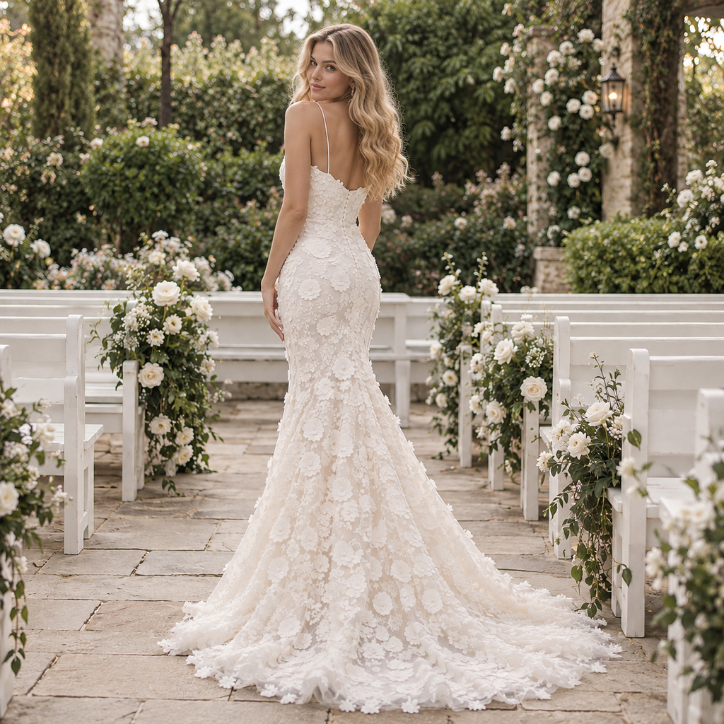 Exquisite Spaghetti Strap 3D Floral Appliques Lace Mermaid Wedding Dress,WD0436