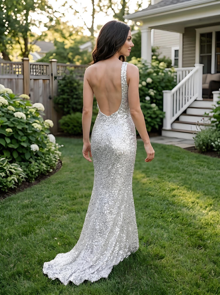Sparkly Silver Sequin One Shoulder 3D Flower Slit Mermaid Long Party Dress,PDS118770