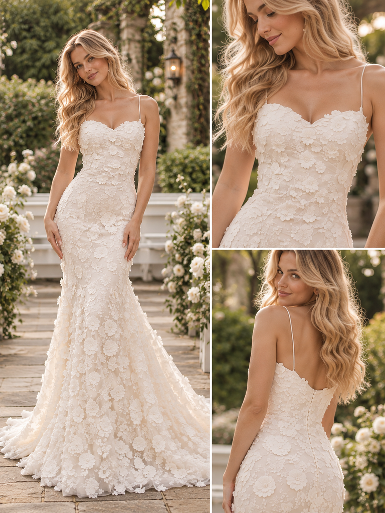 Exquisite Spaghetti Strap 3D Floral Appliques Lace Mermaid Wedding Dress,WD0436