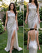 Sparkly Silver Sequin One Shoulder 3D Flower Slit Mermaid Long Party Dress,PDS118770