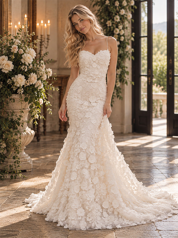 Exquisite Spaghetti Strap 3D Floral Appliques Lace Mermaid Wedding Dress,WD0436