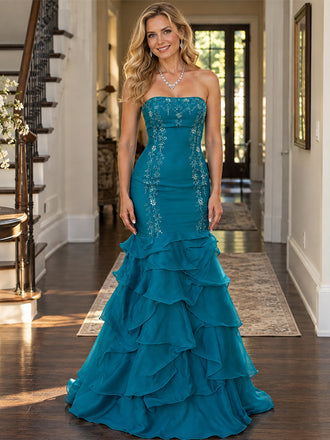 Exquisite Chiffon Strapless Embroidery Ruffled Mermaid Long Evening Dress,PDS118677