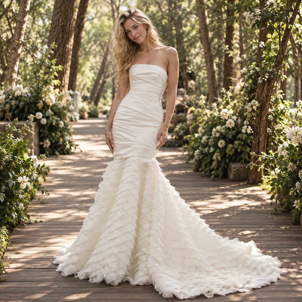 Glamorous Strapless Ruched Satin Mermaid Wedding Dress with Ruffled Tulle Skirt,WD0437