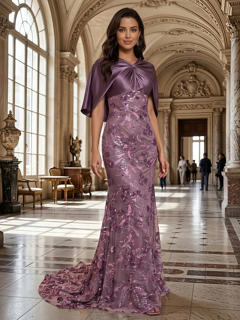 Luxury Dusty Purple Satin Cape Sequin Floral Mermaid Long Evening Dress,PDS118764