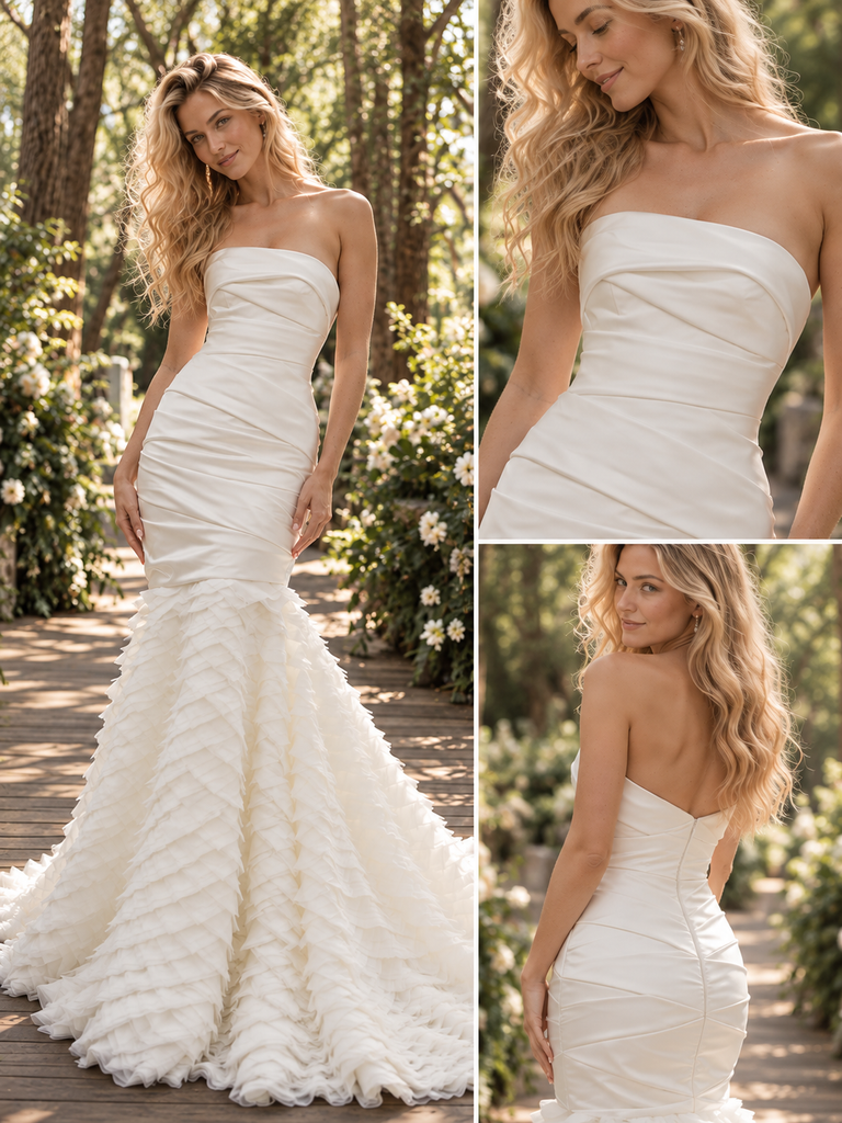 Glamorous Strapless Ruched Satin Mermaid Wedding Dress with Ruffled Tulle Skirt,WD0437