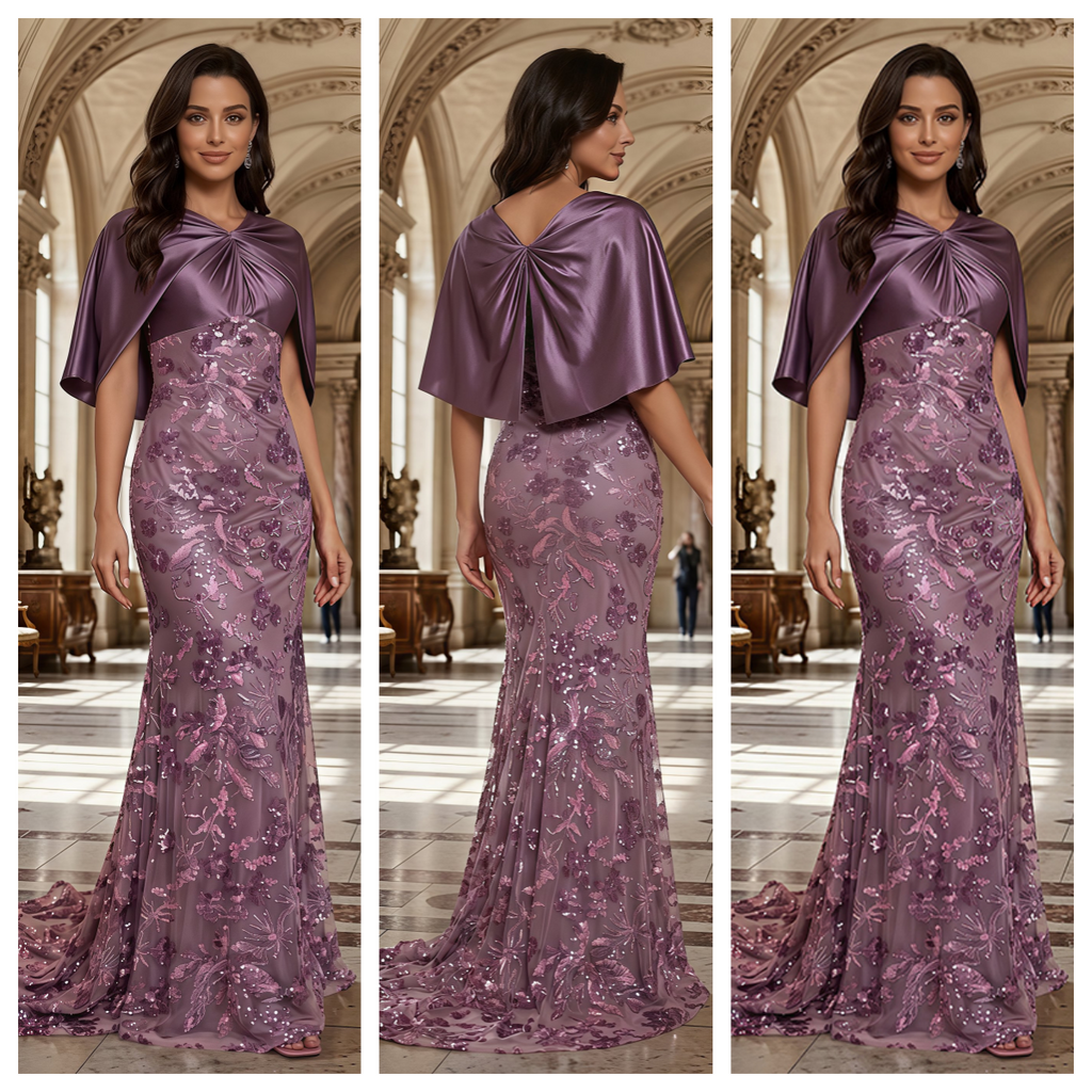 Luxury Dusty Purple Satin Cape Sequin Floral Mermaid Long Evening Dress,PDS118764