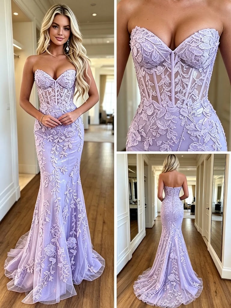 Lavender Sweetheart Sheer Corset Lace Appliques Mermaid Long Prom Gown,PDS118578