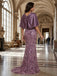Luxury Dusty Purple Satin Cape Sequin Floral Mermaid Long Evening Dress,PDS118764