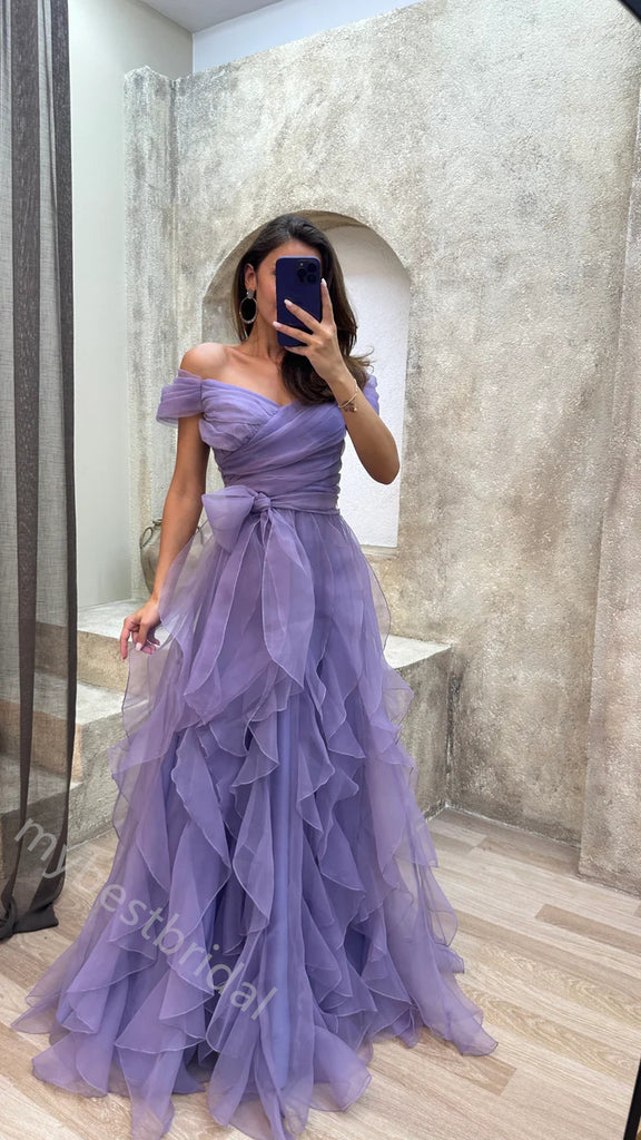 Elegant Off Shoulder A-line Ruffle Floor Length Prom Dress,PDS11581