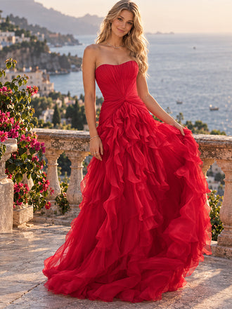 Luxury Strapless Pleated Tulle Ruffled A-Line Long Prom Party Dress,PDS118678