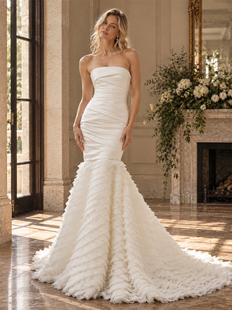 Glamorous Strapless Ruched Satin Mermaid Wedding Dress with Ruffled Tulle Skirt,WD0437