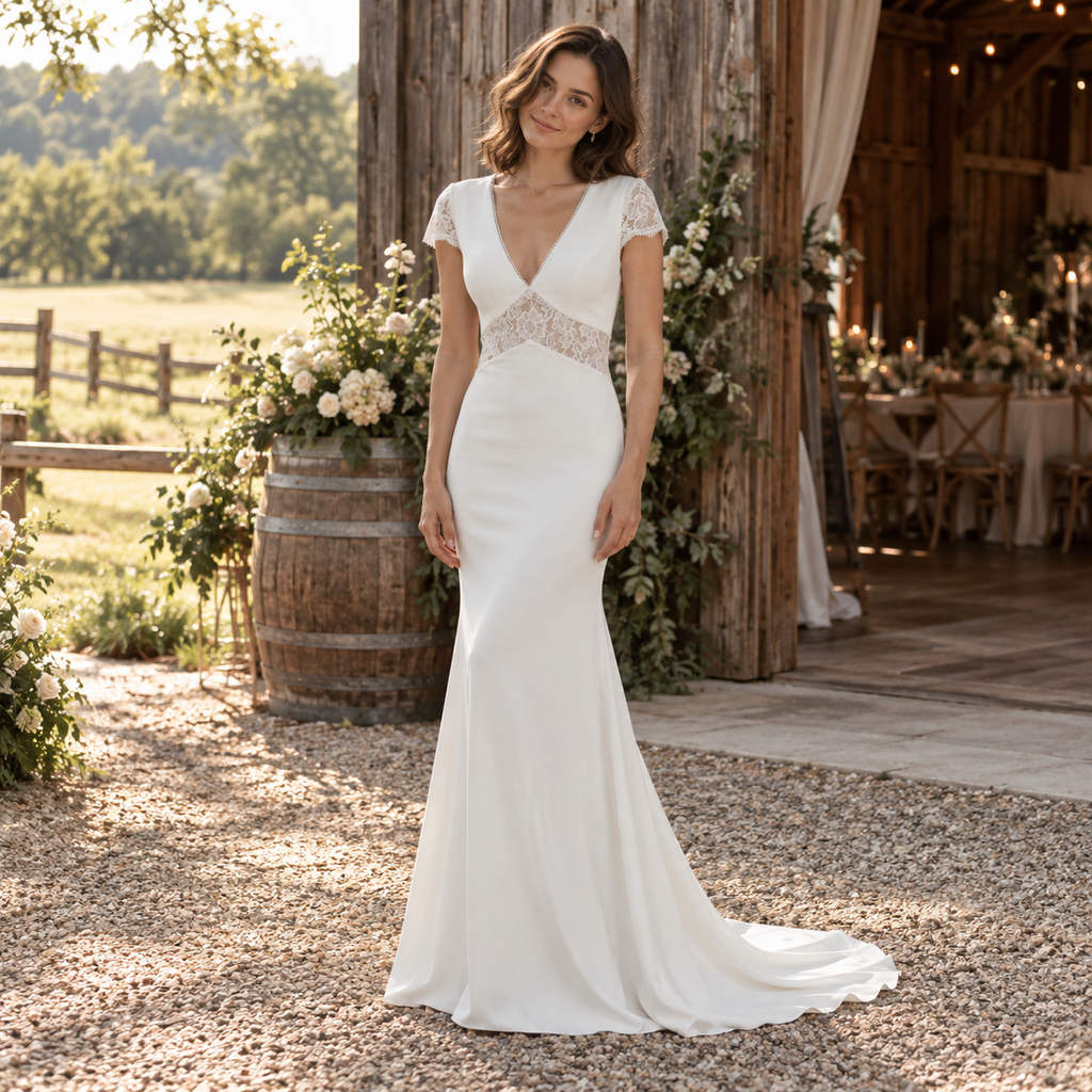 Elegant V-Neck Cap Sleeve Lace Cutout Fit And Flare Wedding Gown,WD0438