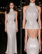 Glam Champagne Sequin Halter Sleeveless Midi Bodycon Prom Dress,PDS118765