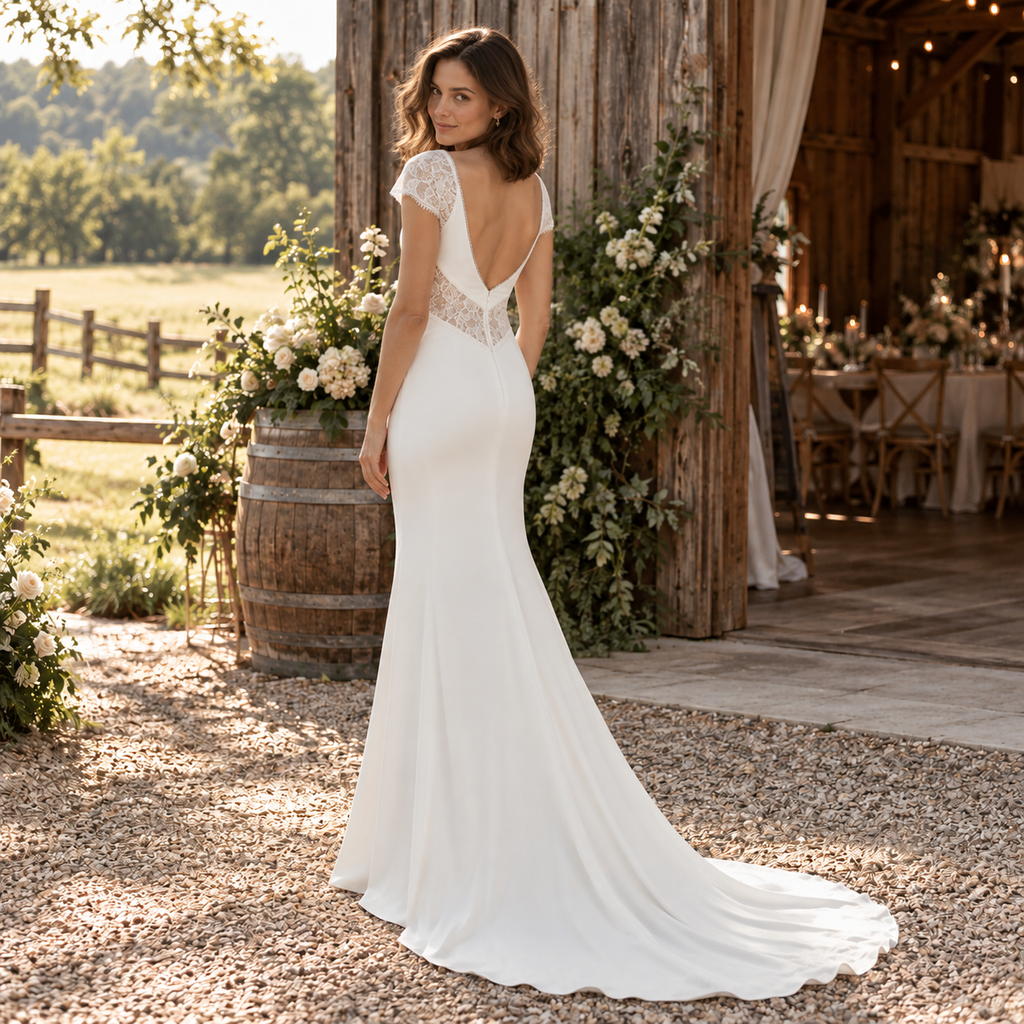 Elegant V-Neck Cap Sleeve Lace Cutout Fit And Flare Wedding Gown,WD0438