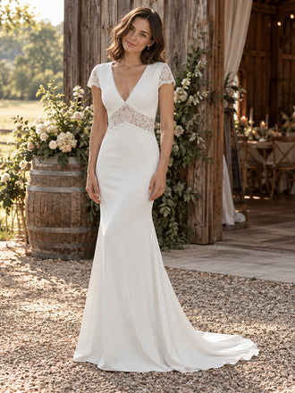 Elegant V-Neck Cap Sleeve Lace Cutout Fit And Flare Wedding Gown,WD0438