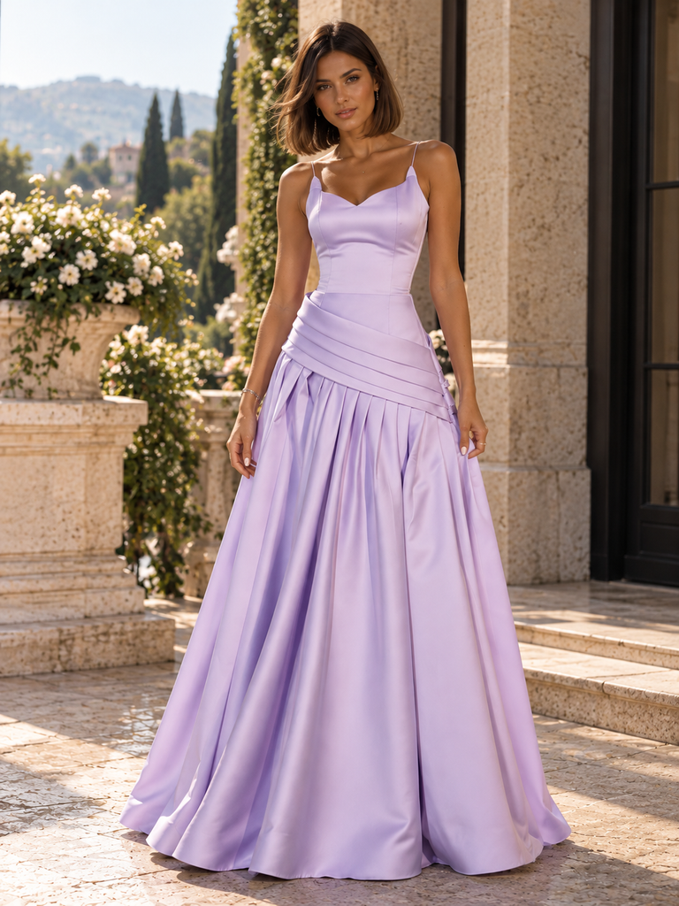 Elegant Spaghetti Strap Satin Pleated A-Line Long Prom Dress,PDS118680