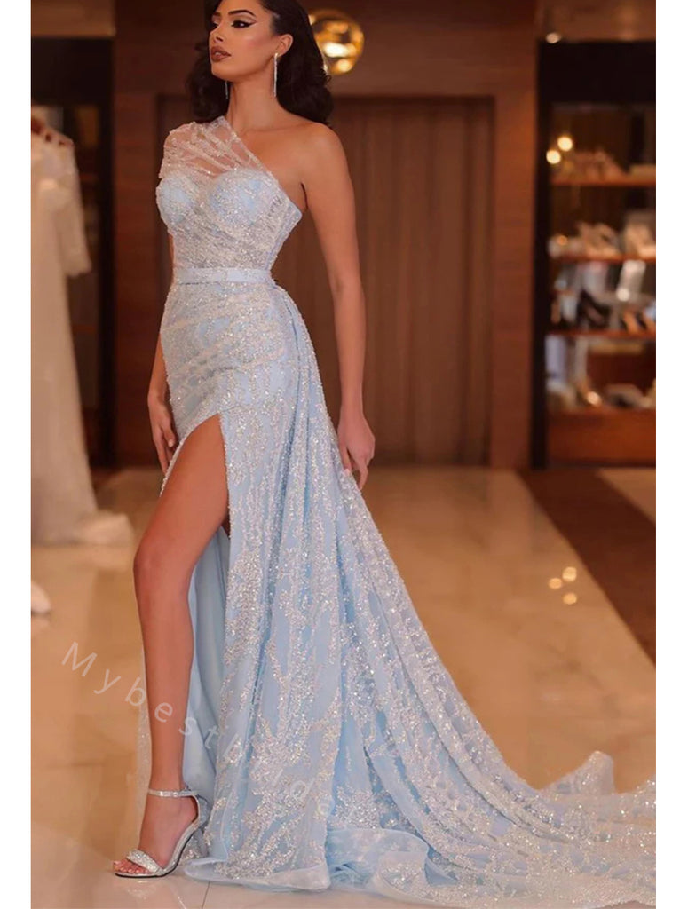 Elegant One shoulder Side slit Mermaid Long Floor Length Prom Dress,PDS11479
