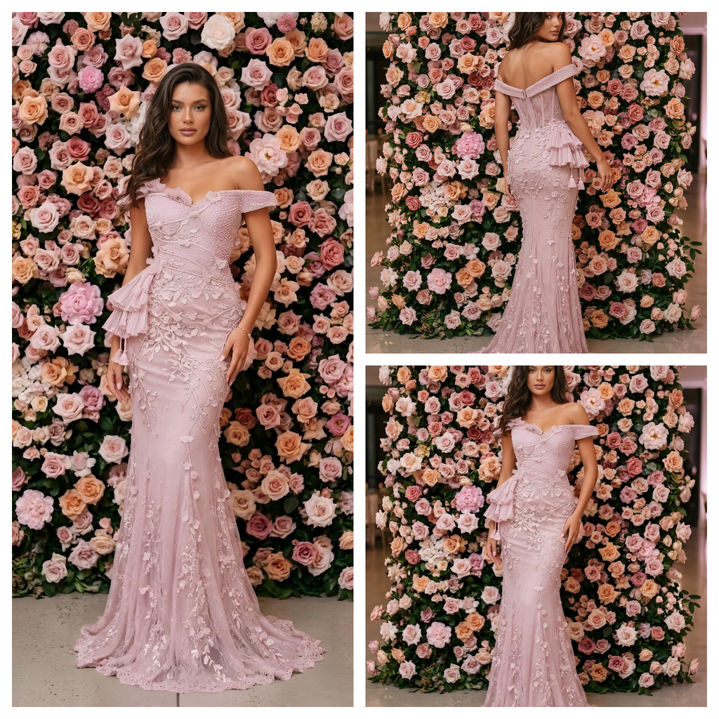 Romantic Blush Pink Lace Off Shoulder 3D Floral Mermaid Prom Dress,PDS118766