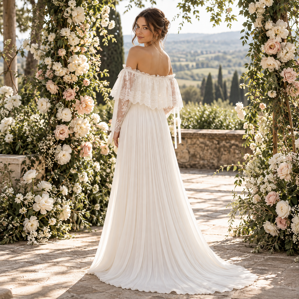 Romantic Off Shoulder Ruffled Lace Long Sleeve Chiffon Pleated Wedding Dress,WD0439