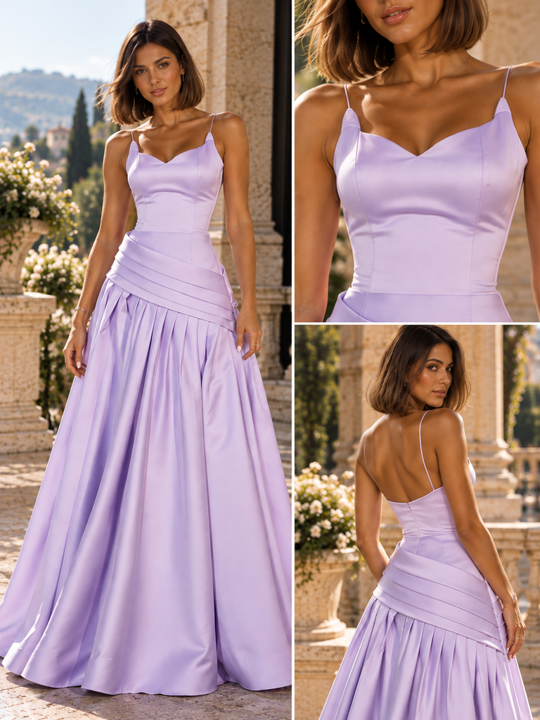 Elegant Spaghetti Strap Satin Pleated A-Line Long Prom Dress,PDS118680