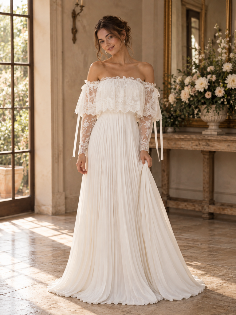 Romantic Off Shoulder Ruffled Lace Long Sleeve Chiffon Pleated Wedding Dress,WD0439