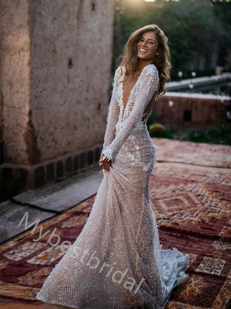 Sexy V-neck Long Sleeves Mermaid Lace Applique Wedding Dresses, WDY0353