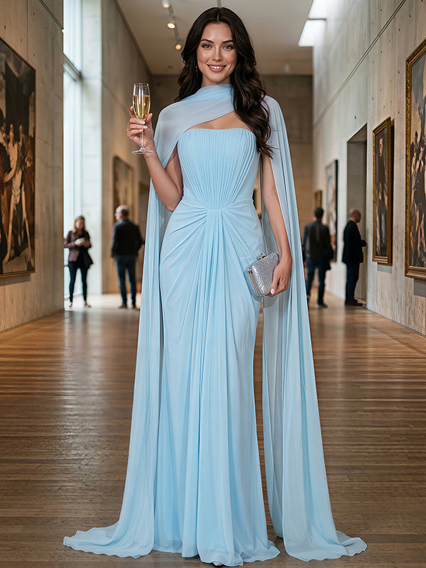 Elegant Sky Blue Chiffon Cape Pleated Strapless Mermaid Formal Dress,PDS118767