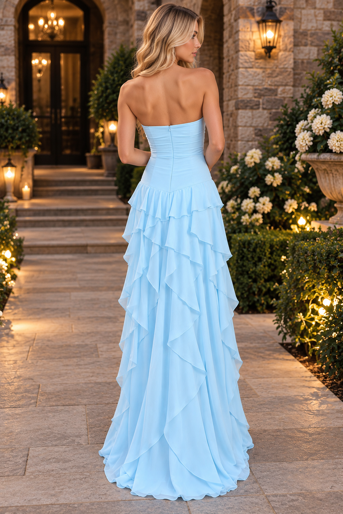 Sky Blue Strapless Bow Cutout Chiffon Asymmetrical Tiered Long Prom Dress,PDS118580