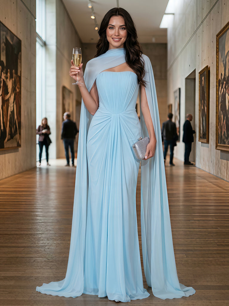 Elegant Sky Blue Chiffon Cape Pleated Strapless Mermaid Formal Dress,PDS118767