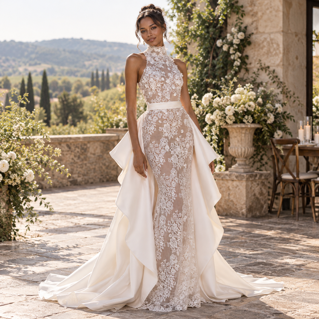 Exquisite High Neck Sheer Lace Mermaid Wedding Dress with Detachable Satin Overskirt,WD0440