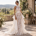 Exquisite High Neck Sheer Lace Mermaid Wedding Dress with Detachable Satin Overskirt,WD0440