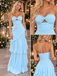 Sky Blue Strapless Bow Cutout Chiffon Asymmetrical Tiered Long Prom Dress,PDS118580