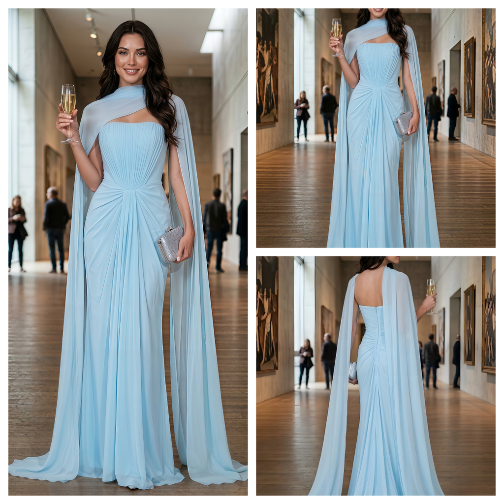 Elegant Sky Blue Chiffon Cape Pleated Strapless Mermaid Formal Dress,PDS118767